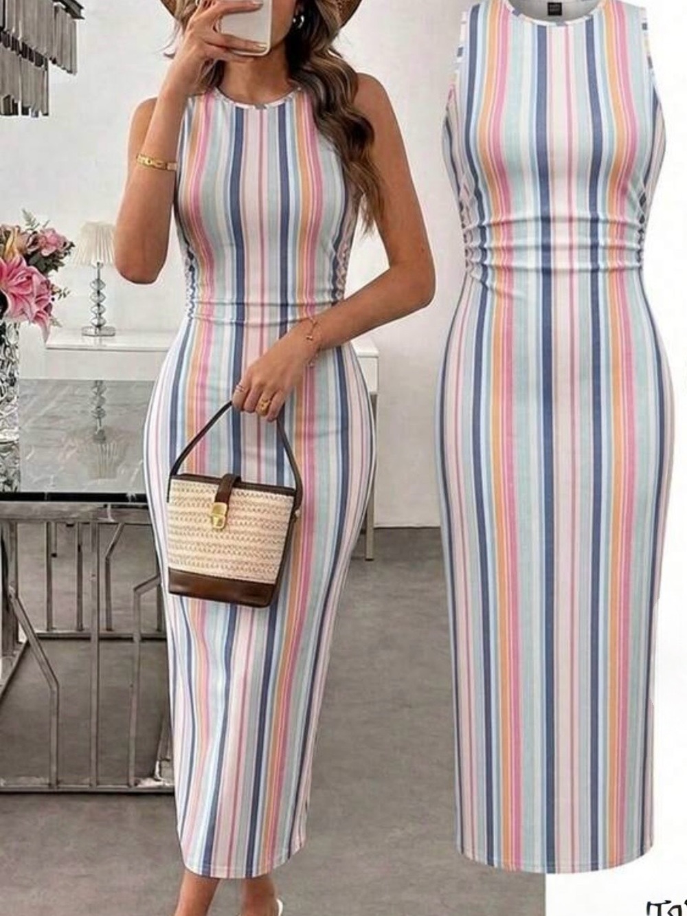 NEW! Sleeveless Pastel Stripe Midi Dress - flattering long stripes